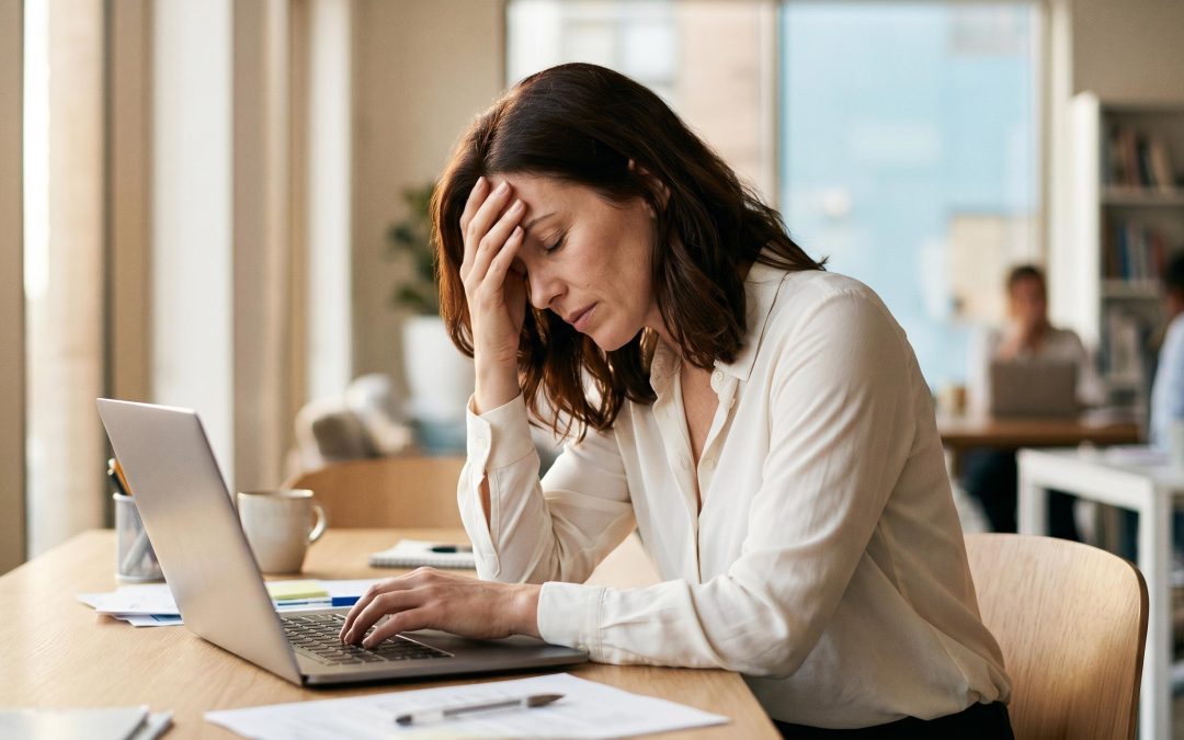 Mujer agotada frente al ordenador con signos de síndrome de burnout o desgaste profesional